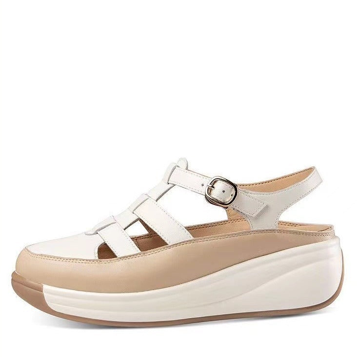 Sandalias de cuero genuinas para mujeres 2024 nuevas zapatillas de verano con suelas de pastel