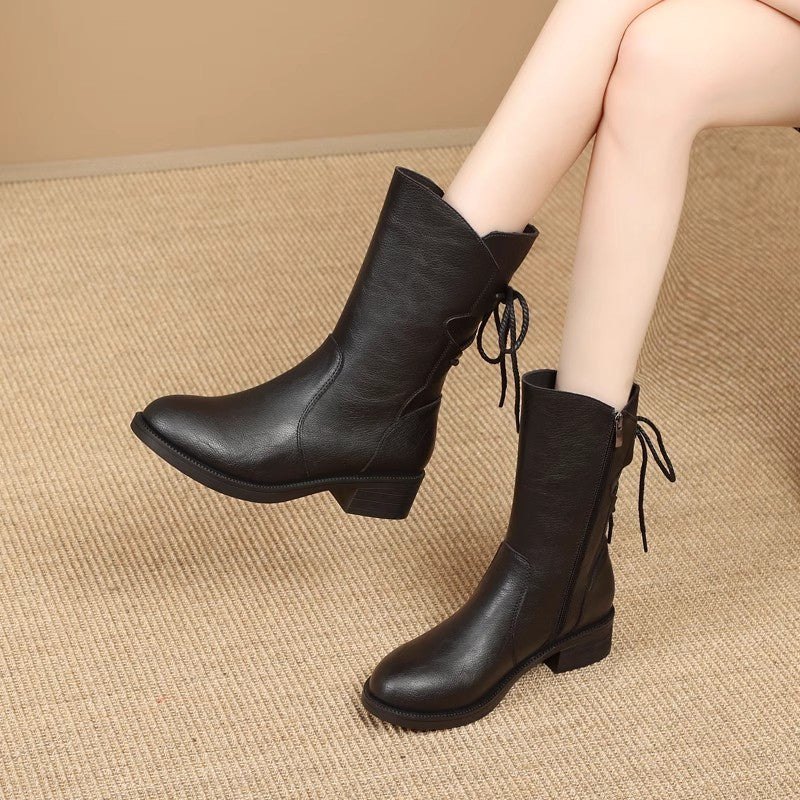 Botas retro de piel con tacón bajo