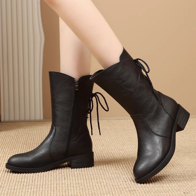 Botas retro de piel con tacón bajo