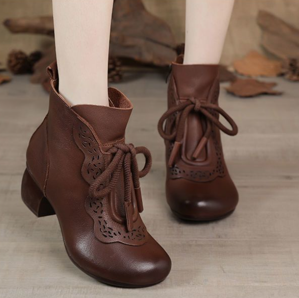 Botas de piel con tacón grueso y encaje para mujer