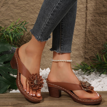 Sandalias de dedo de tacón con flor para mujer
