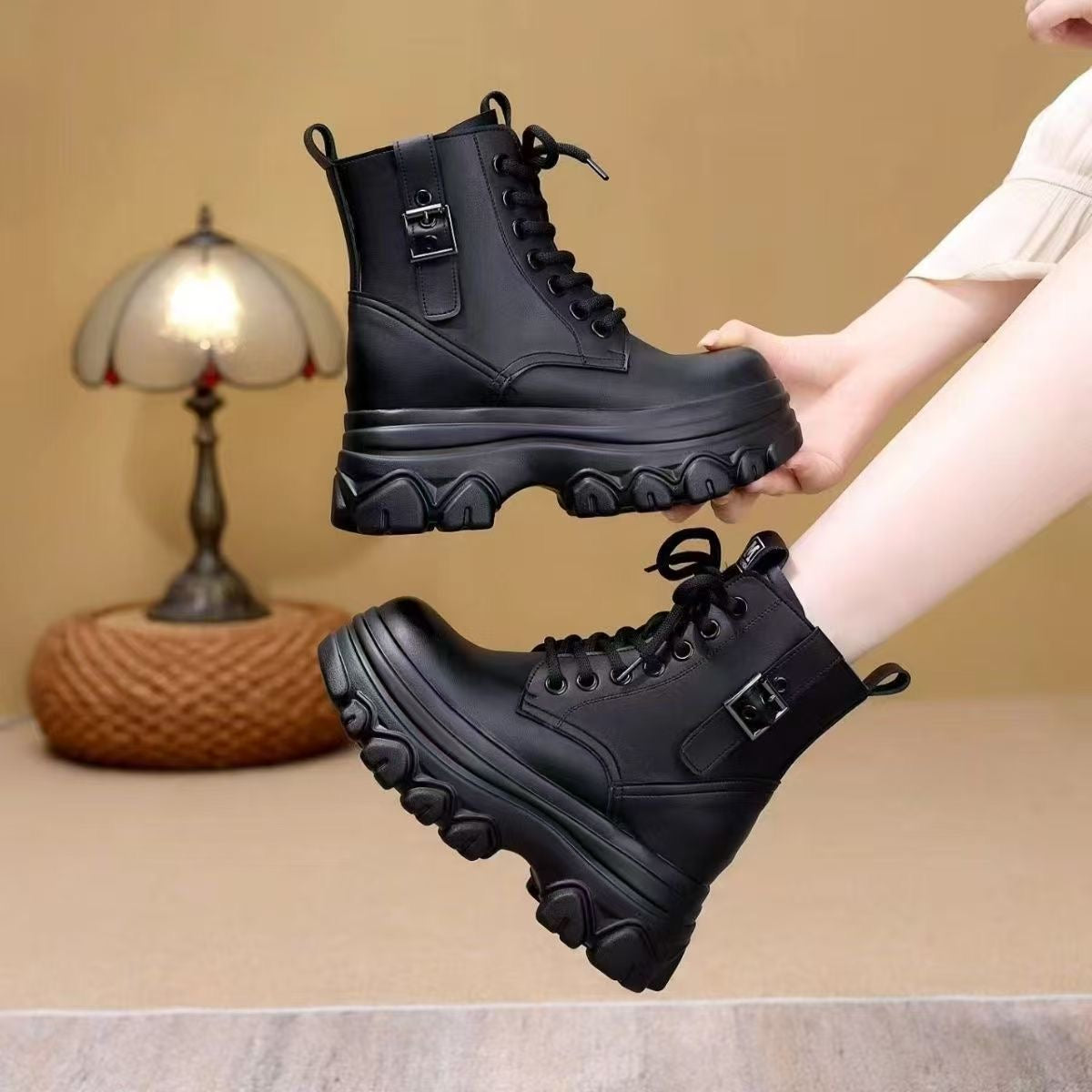 Botas Cortas Mujer Plataforma Suela Gruesa Cordones Hebilla
