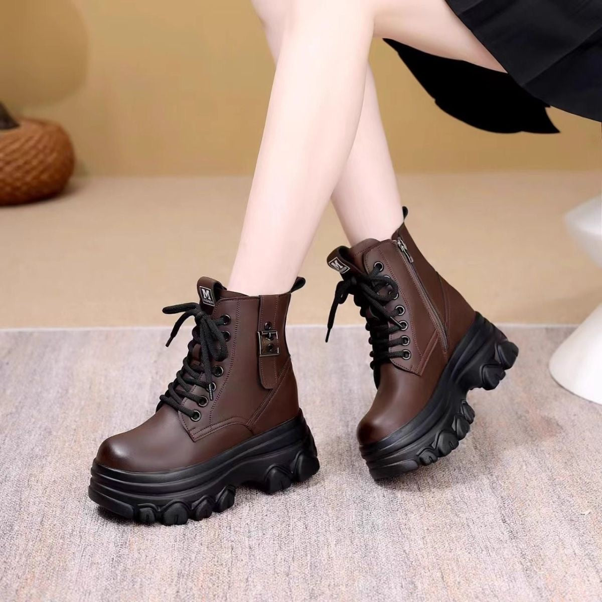 Botas Cortas Mujer Plataforma Suela Gruesa Cordones Hebilla