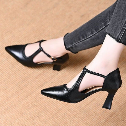 Zapatos retro de piel con tacón grueso