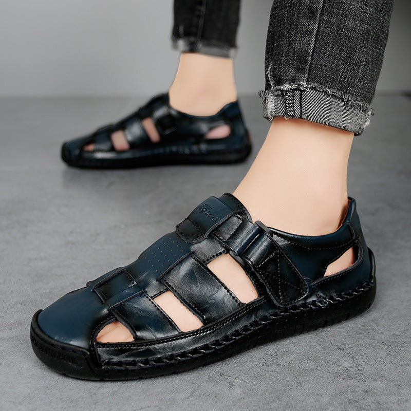 Zapatillas de cuero de buey para hombre, calzado de verano