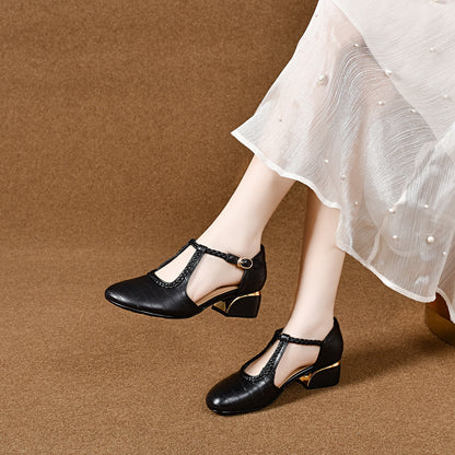 Zapatos de piel con punta redonda y tacón grueso